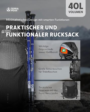 Рюкзак Terra Peak 40 л з вентильованою спинкою, тримачем для питної системи та дощовиком, туристичний рюкзак для походів і прогулянок, чорний