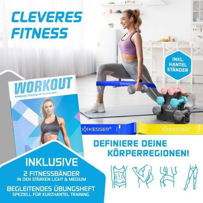 Набір гантелей KESSER® 12 кг з підставкою, 3 пари (1-5 кг), нековзкий неопрен, з інструкцією та фітнес-гумками