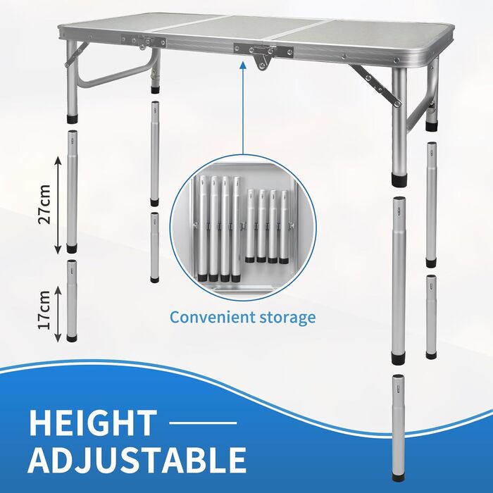 Складний туристичний стіл CPROSP 90x40 см, регулювання висоти 26-70 см, срібний