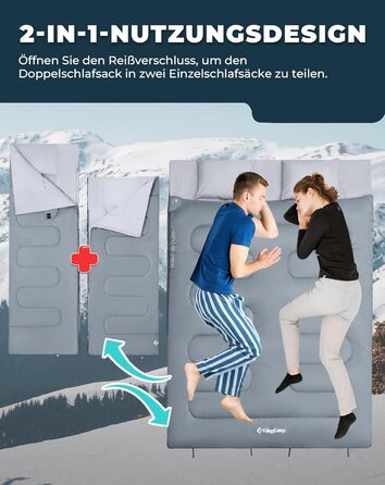 Сплячий мішок KingCamp для двох осіб, зимовий, для кемпінгу, сірий