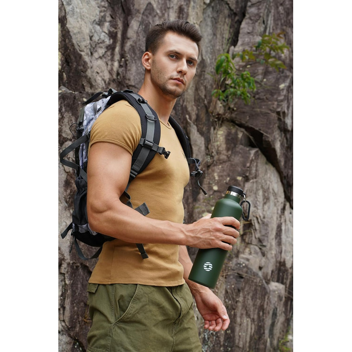 Фляга спортивна Feijian 1л з карабіном, нержавіюча сталь, термофляга для води, кави, чаю, без BPA, для туризму, школи, кемпінгу, велосипеду, армійний зелений