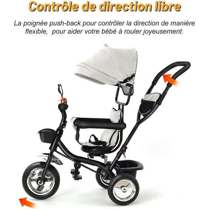 Триколісний велосипед для дітей 1-5 років, 5 в 1, з регульованою висотою сидіння, поворотний сидіння 360°, знімний капюшон, безпечний ремінь, кошик для іграшок, сірий