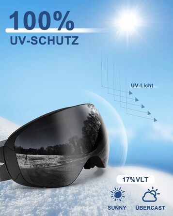 Безрамкова лижна маска для дорослих, UV400, антифог, для чоловіків та жінок, срібляста