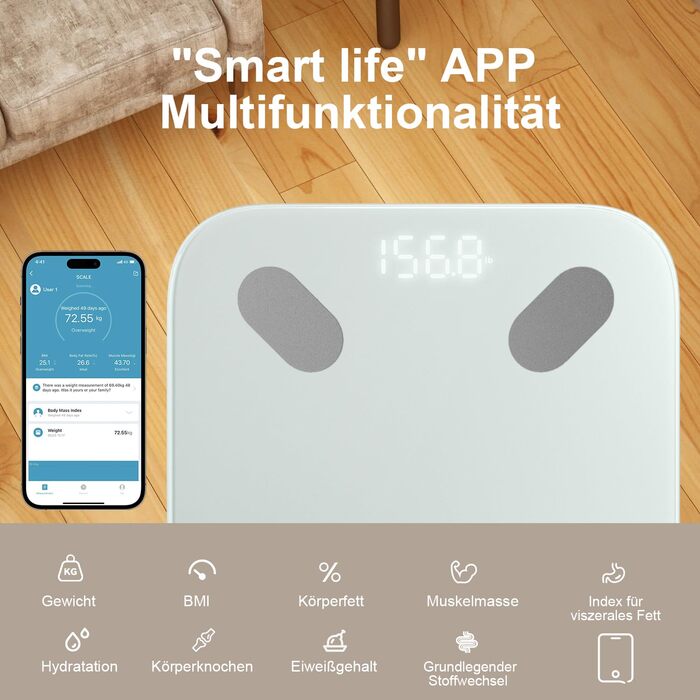 UNIWEIGH Розумна вага для вимірювання ваги тіла, Bluetooth вага для аналізу складу тіла, BMI, жир, м'язи, білок, максимальне навантаження 180 кг