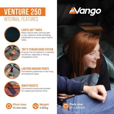 Намет Vango Venture 250 Tunnel: Сімейний намет з окремою спальнею та просторим тамбуром, Річковий Синій