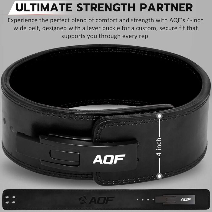 AQF Пояс для важкої атлетики з пряжкою Lever, 4' Ширина 10 мм, Шкіряний пояс - Сертифікований IPL USPA, Пояс для силових тренувань, Підйомник, Пояс для важкої атлетики для фітнесу, пауерліфтингу, чорний