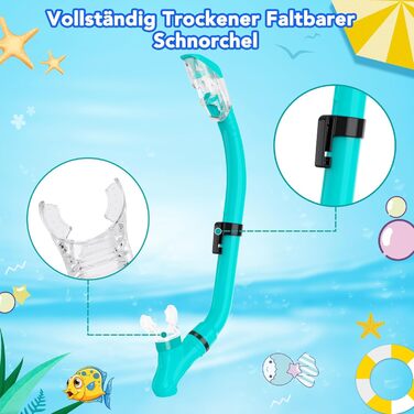 Набір для снорклінгу для дітей з ластами, маска з панорамним оглядом 180°, регульовані ласти, високоякісна маска та сухий снорк (трубка) для плавання, Aquagrün