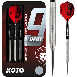 Дротики KOTO 9-Darts 90% 23 г, срібло, набір для професіоналів з 3 барелями, KOTO Flights і шафтами, жорсткий рифлений грип, кейс для дротиків