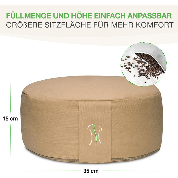 Йога подушка BACKLAXX® для медитації XL, діаметр 35 см, 15 см заввишки, з наповнювачем з гречаної лузпи, з відеокурсом - пуф для сидіння на підлозі (пісочно-бежевий)