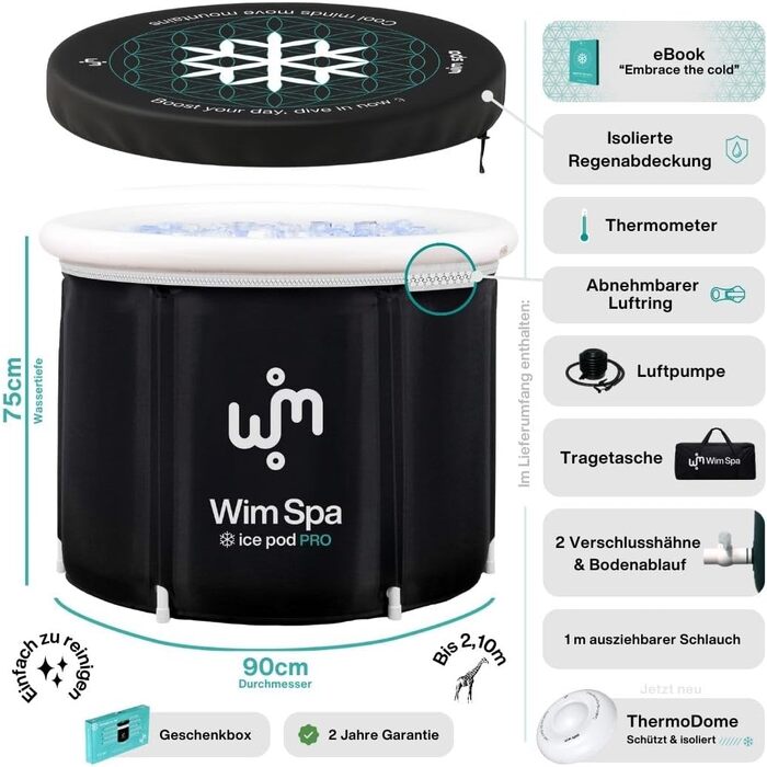 Складана ізольована ванна для криотерапії Ice Pod Pro (90×75 см) з ThermoDome та термометром, мобільна крижана ванна для відновлення м'язів, Outdoor & Indoor