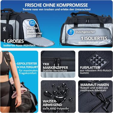 Спортивна сумка VL® з відділенням для взуття, мокрою одежі, ізольованим кульковим відділенням, сауною та туристичною сумкою для жінок та чоловіків. 50 л, чорно-сірий/чорно-срібний