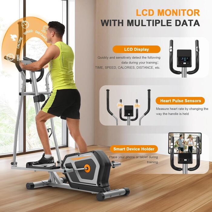 Еліптичний тренажер Crosstrainer 3-в-1 з LCD-монітором, 16 рівнів навантаження та 6 кг маховиком (Оранжевий + Срібний)