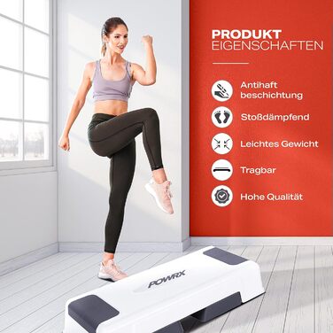 Степ-платформа POWRX для аеробіки та фітнесу, 3 рівні, біла, регульована висота, антиковзаюча | Степ-бенч для дому