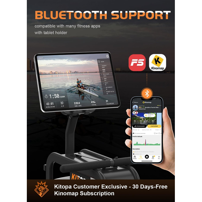 Гребний тренажер Kitopa для дому з Bluetooth-монітором, підставкою для планшета, водним опором, витримує до 150 кг, вертикальне зберігання, сумісний з додатком Kinomap