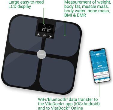 Medisana BS 650 – розумна ваги-аналізатор тіла до 180 кг з Wi-Fi/Bluetooth, персональна вага для вимірювання жиру, води, м'язів та кісткової маси, сумісна з VitaDock+ App, ITO-електроди