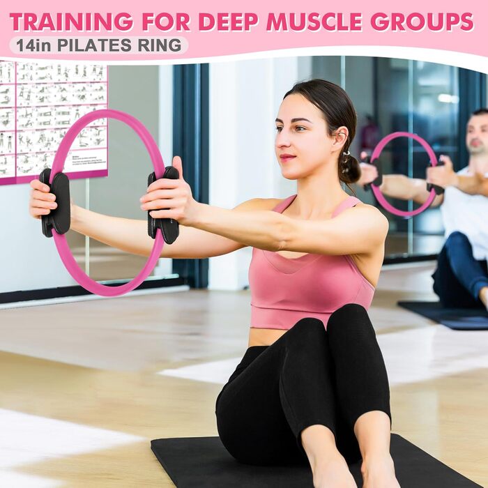 Pilates-кільце Goocrun з еспандером, м'ячем та слайдерами для фітнесу вдома – постер в комплекті (Рожевий, середній рівень)