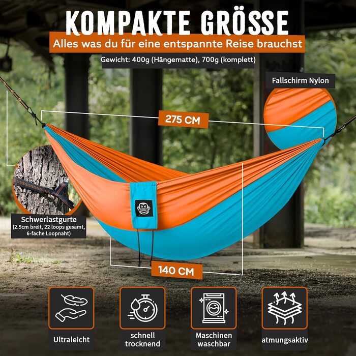 Гамак туристичний Monkey Swing ультралегкий, 275x140 см, до 300 кг, для кемпінгу, трекінгу та подорожей (зелений/хакі, бірюзовий/помаранчевий)