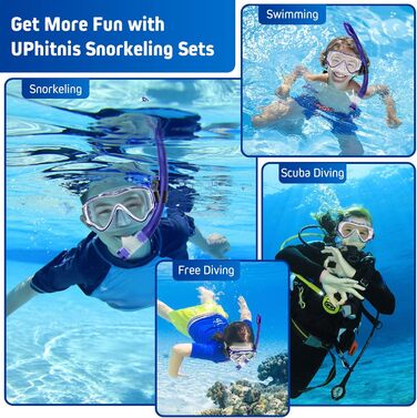 Набір для снорклінгу для дітей з ластами, маска з антизапітнінням 180° панорамний огляд, регульовані плавальні ласти та преміум сухий снорк, 3 в 1 набір для снорклінгу для дітей з сумкою, L/XL(31-36), блакитний