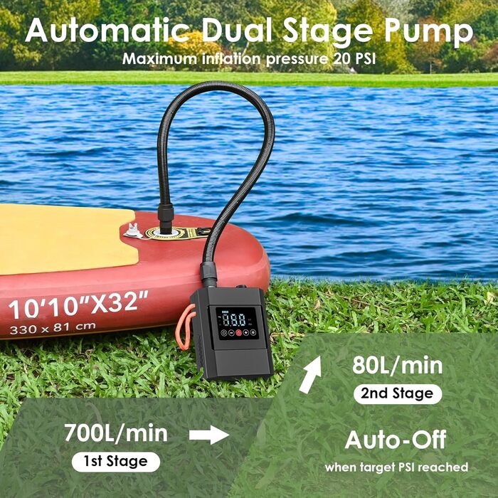 Diealles Shine Sup Pumpa Elektrichna 12000mAh, 20 PSI: Акумуляторна електрична повітряна помпа для SUP, човнів, каяків