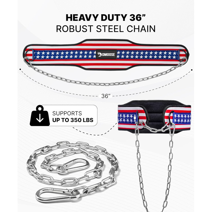 Пояс для важкої атлетики DMoose Dip з 36' сталевою ланцюгом - для підтягувань та присідань, пояс для чоловіків та жінок, з комфортною неопреновою підтримкою