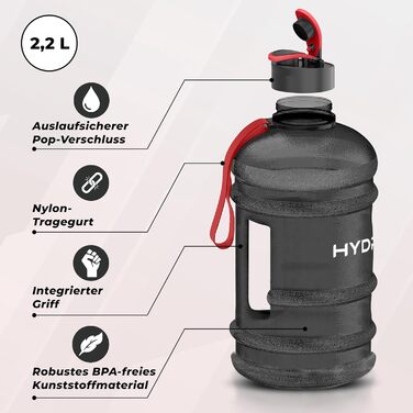 Фляга для води Hydrate XL 2,2 л - чорна, для спортзалу, спорту та подорожей, без BPA, міцна, 2200 мл