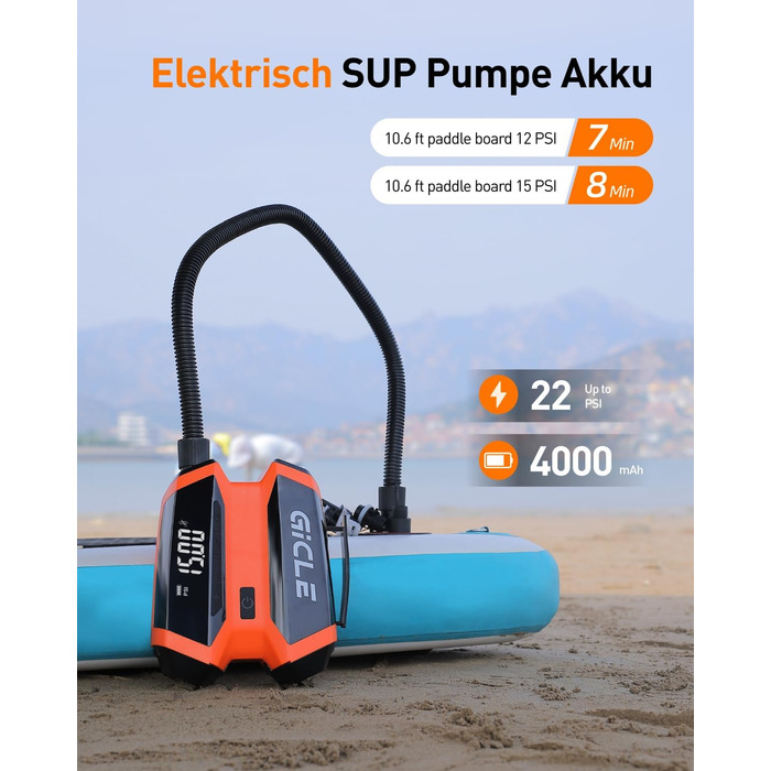 GICLE Електрична SUP-насос з акумулятором та портативним павербанком, 22 PSI, для SUP, човнів, наметів, каяків, перезаряджається (EU стандарт)