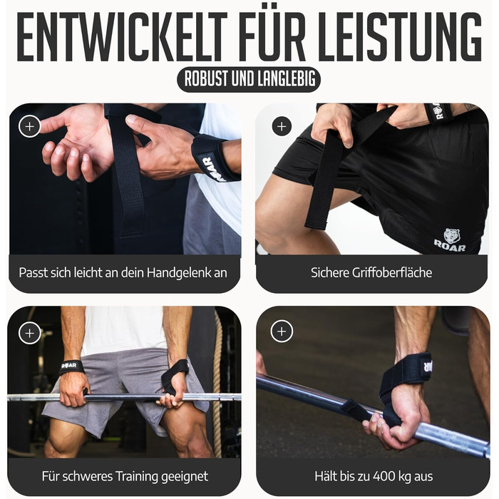 Роар® ремені для підйому штанги (м'які) для силових тренувань, бодібілдингу, фітнесу - ремені для тяги - підйомні ремені - для жінок та чоловіків (Чорний)