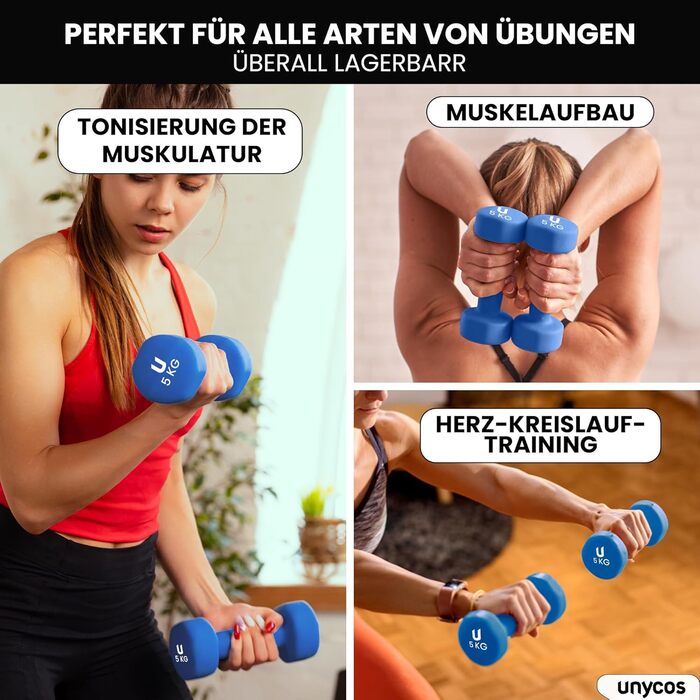 Гантелі неопренові Unycos 2 шт. 1-10 кг, короткі, антиковзаючі, для фітнесу, силових тренувань, пілатесу, дому (#07 Синій, 2 x 5 кг, круглі)