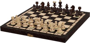 Шахи Sunrise Chess & Games Schachperle середні, традиційні польські фігури, випалене та розписане вручну шахове поле, дерев'яна шкатулка з відділеннями, коричневі