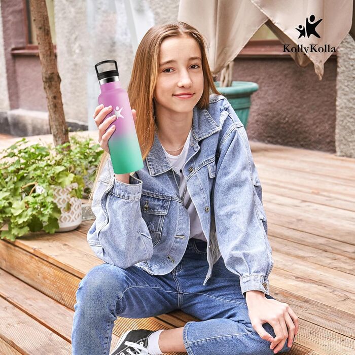 Дитяча термофляга KollyKolla 500 мл з трубочкою, з нержавіючої сталі, без BPA, з подвійними стінками, для кемпінгу, велосипеда, фітнесу, з содовою, рожевий & макаронний зелений