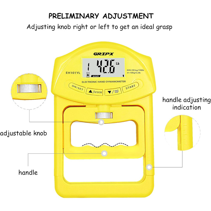 Електронний динамометр GRIPX для вимірювання сили стиску руки, 90 кг / 198 lbs (жовтий)