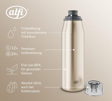 Термос-пляшка alfi ISO 500 мл, золото шампань, нержавіюча сталь, герметична, для газованих напоїв, BPA-free, зберігає тепло 12 годин, холод 24 години