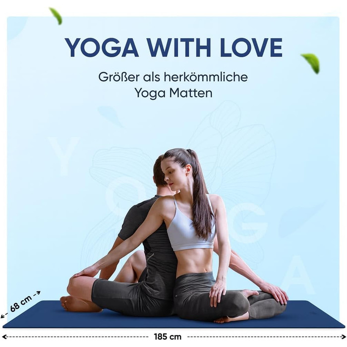 Йога мат YOGALABS® STUDIO: преміум килимок для йоги 185x68x0.4 см з ремінєм з ECO PU та натурального каучуку. Антиковзка поверхня, для гімнастики та пілатесу, 100% екологічний, без шкідливих речовин (Блакитний)