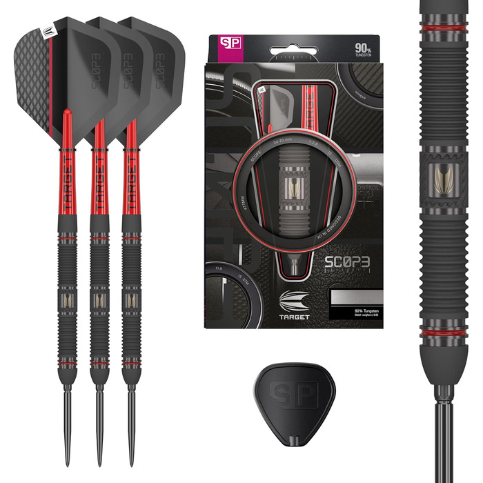 Професійний набір сталевих дротиків Target Darts Scope Swiss Point, 90% вольфрам, червоно-чорні, 21-25 г, з інструментом