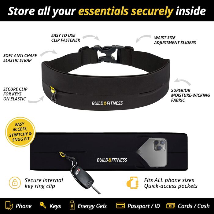 Сумка-пояс для бігу та фітнесу Build & Fitness з регульованим поясом, тримачем для ключів, чорна (60-122 см)