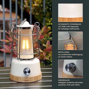 LED кемпінгова лампа Skandika Kiruna | Ретро лампа для відпочинку на природі з Powerbank, регулювання яскравості, USB, сталевий каркас, 200 годин роботи | Настільна/підвісна лампа
