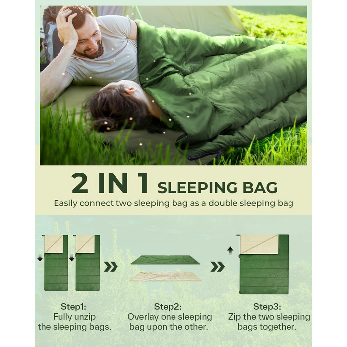 Сплячий мішок Ohuhu, компактний та ультралегкий (900г), літній, ковдровий, для дому та відпочинку на природі, кемпінгу, подорожей та фестивалів (зелений)