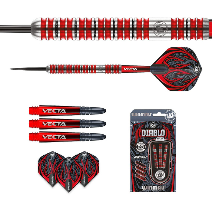 Дартс WINMAU Diablo професійний, сталевий наконечник, вольфрам, 23 г, з крилами та стрижнями (паралельний)