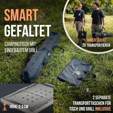 Преміум туристичний стіл Castra з інтегрованим грилем – алюміній 7075, регульована висота, для відпочинку на природі, вологостійкий, інноваційна складна система, багатофункціональний стіл та аксесуари для кемпінгу, саду, подорожей та риболовлі