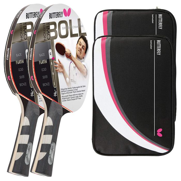 Тенісний стіл Butterfly® Timo Boll Platin 85025 - Професійний ракетковий комплект для настільного тенісу | ITTF сертифікований | Анатомічна форма ручки (з 2 чохлами DC2 та додатковою ракеткою)