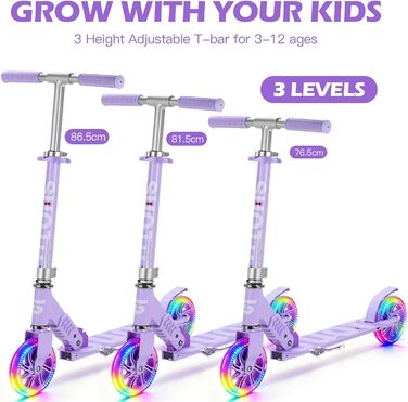 Самокат дитячий SUOTU з колесами 145 мм, до 100 кг, світлодіоди, складаний, регульована висота, для хлопчиків та дівчаток, алюмінієвий (Фіолетовий)