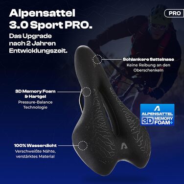Велосідельний ергономічний ALPENSATTEL® з 3D піною Memory Foam для жінок та чоловіків - дихаючий матеріал, універсальне кріплення, Sport PRO