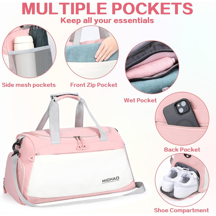 Спортивна сумка-рюкзак для подорожей: велика, водонепроникна, з відділенням для взуття та мокрих речей, для жінок та чоловіків (білий+рожевий)