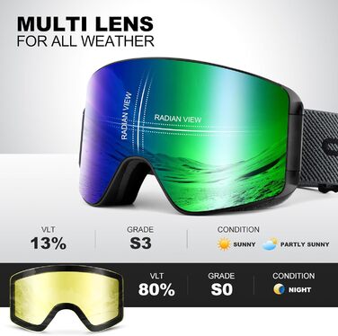 Скі-маска Ololand для жінок та чоловіків, захист від запотівання, UV-захист, магнітні змінні лінзи, сумісна зі шоломом, для сноуборду та катання на лижах, чорний колір, VLT 8.8% (зелена лінза - VLT 13%)