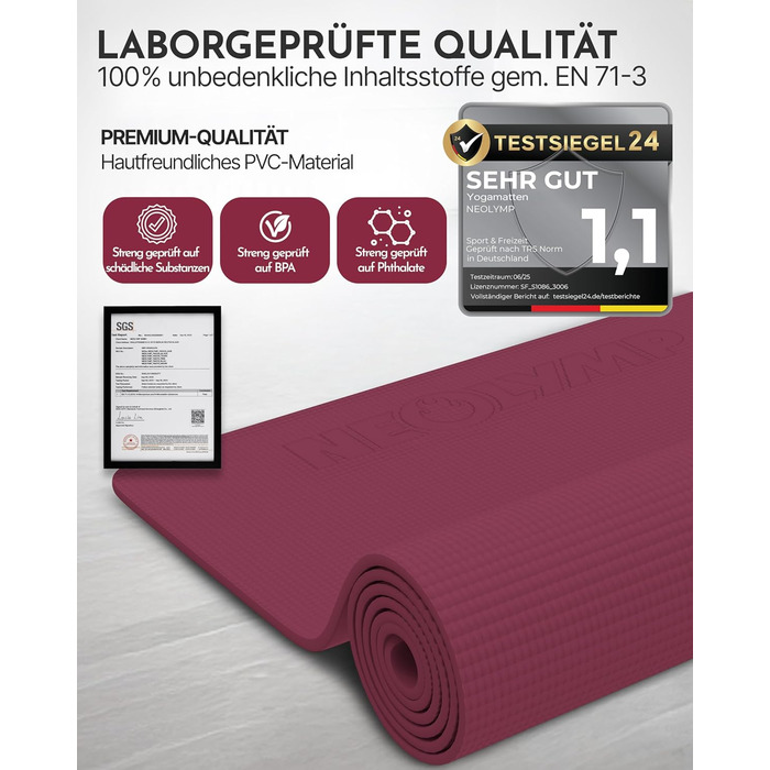 Йога мат NEOLYMP: неслизька, для захисту суглобів – килимок для фітнесу та йоги 183x61 см з PVC, фіолетовий колір. З подарунком: E-book та відеоуроки