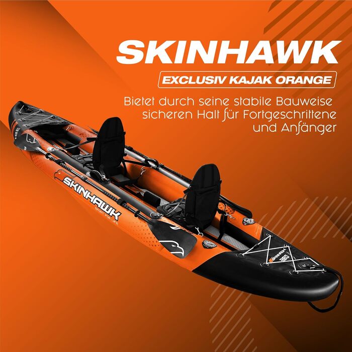 Надувний каяк SKINHAWK Exclusiv Orange 380x96 см для 2 осіб, комплект для сплаву, помаранчевий каное-шлюпка