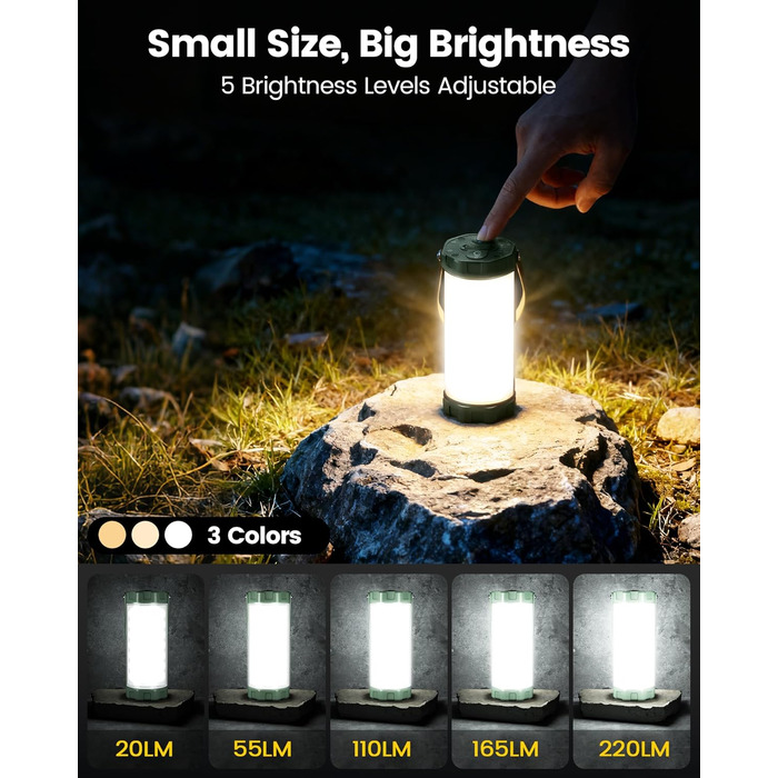 Ліхтар для кемпінгу Glocusent: 1200 люмен, водонепроникний IP68, 80 годин роботи, 5 режимів, SOS, для походів та відпочинку на природі (зелений)