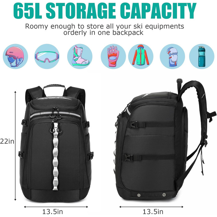 Чохол для лижних черевиків з відділенням для шолома, 65L, нейлон, рюкзак для лиж, роликів, ковзанів, чорний