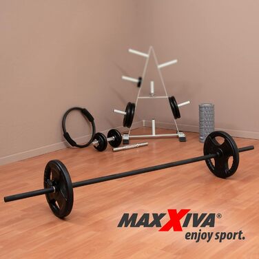 Гриф для штанги MAXXIVA 180 см, 30 мм, сталь, хром, до 300 кг, чорний, з пружинними замками для жиму лежачи