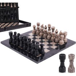 Шаховий набір з мармуру для дорослих, ручної роботи, 32 фігури, 2 додаткові королеви, коробка для зберігання, подарунок, декор (чорний & корал)